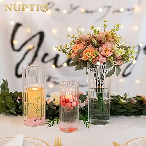 Nuptio Glass Vase for Flowers Cylinder: 6 Pcs Clear Flower Vases for Wedding Centrepieces Hurricane Candle Holder for Pillar Floating Candles Christmas Table Living Room Decor(15cm/20cm/25cm Tall)