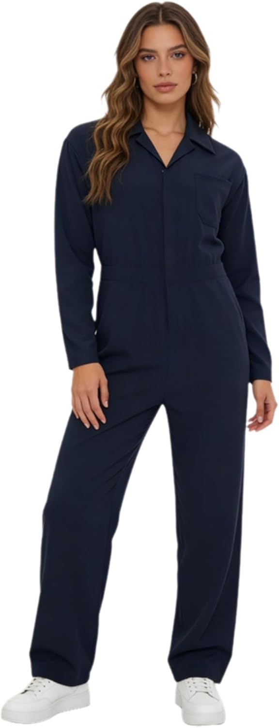 Vxuxlje Womens Mechanic Uniform Long Sleeve Coveralls Turn-down Collar Front Zipper Work Overalls