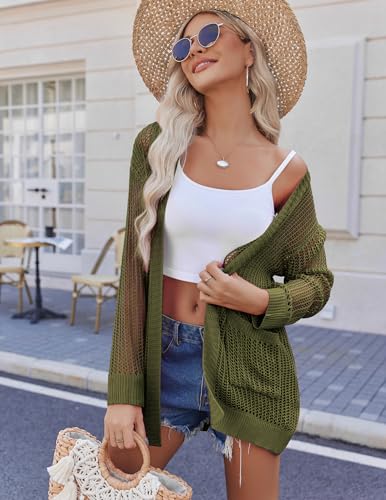 Image of Zeagoo Women 2025 Lightweight Crochet Cardigan Long Sleeve Open Front Knit Sweater Summer Kimono Cover Up with Pockets