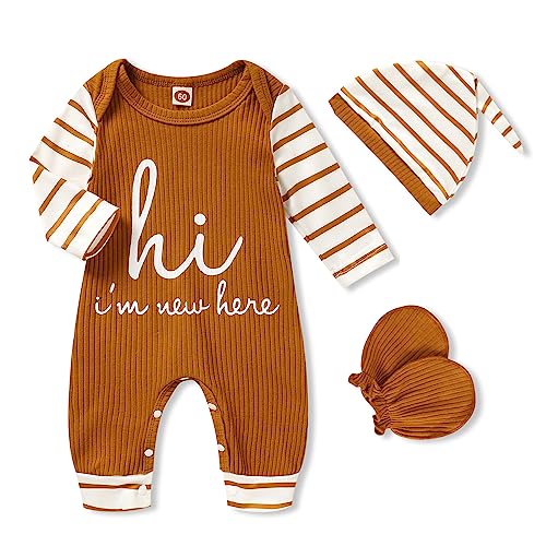 Image of GRNSHTS Newborn Baby Boy Romper Coming Home Outfits Letter Print Bodysuit Jumpsuit+Hat+Gloves 3PCS Clothes Set