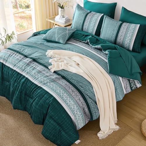 Image of Dintszyayue Teal Queen Comforter Size Set, 8 Pieces Striped Texture Bed in a Bag Bedding Sets, Lightweight Soft Comforter and Sheet Set, All Season Microfiber Teen Boys Bedding Sets for Men Women