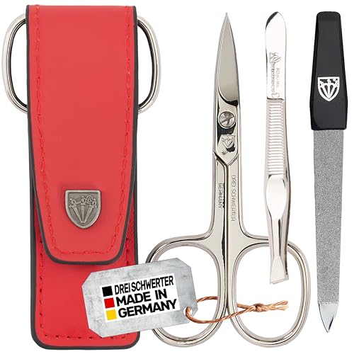 DREI SCHWERTER - Juego de manicura y pedicura de 3 piezas en estuche de piel auténtica, color rojo. Fabricado en Alemania. Contenido: tijeras de uñas, pinzas, lima de uñas de zafiro