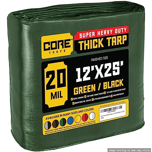 Core Tarps Extreme Heavy Duty 20 Mil Tarp Cover, Waterproof, UV Resistant, Rip and Tear Proof, Poly Tarpaulin with Reinforced Edges for Roof, Camping, Patio, Pool, Boat (Green/Black 12 X 25)