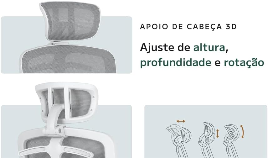 Close no apoio de cabeça 3D com demonstração de ajustes de altura e rotação