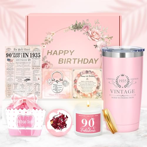 90th Birthday Gifts for Women 90 Year Old Birthday Gifts for Women Unique Gift for 90 Year Old Woman 1935 Gift Box Ideas Happy 90th Bday Decoration Present Set with Tumbler Socks Candle Bracelet