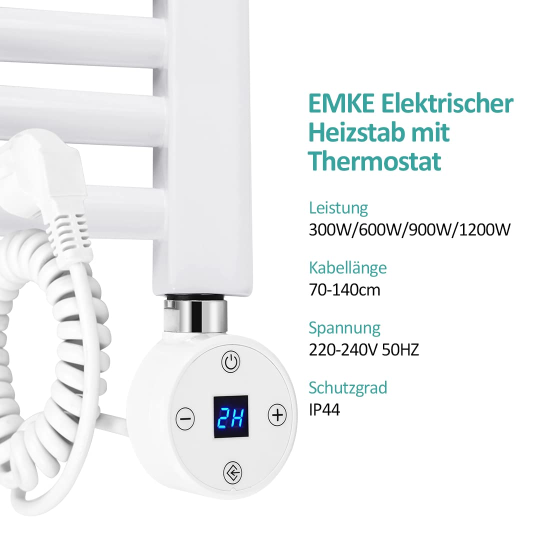EMKE Varilla calefactora 900 W para radiador de baño, Cartucho de calefacción de Acero Inoxidable para radiador toallero eléctrico, Barra de calefacción con termostato y regulador de Temperatura,