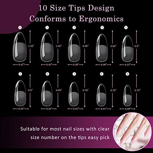 Arousar Nail Tips, 500 Pcs Clear Acrylic Nail Extension Set In 10 Sizes, Half Matte Medium Almond Full Cover Press On False Nail Tips With 20Ml Glue Gel For Diy Nail Art (Almond Gel Tips-01) #TOP1