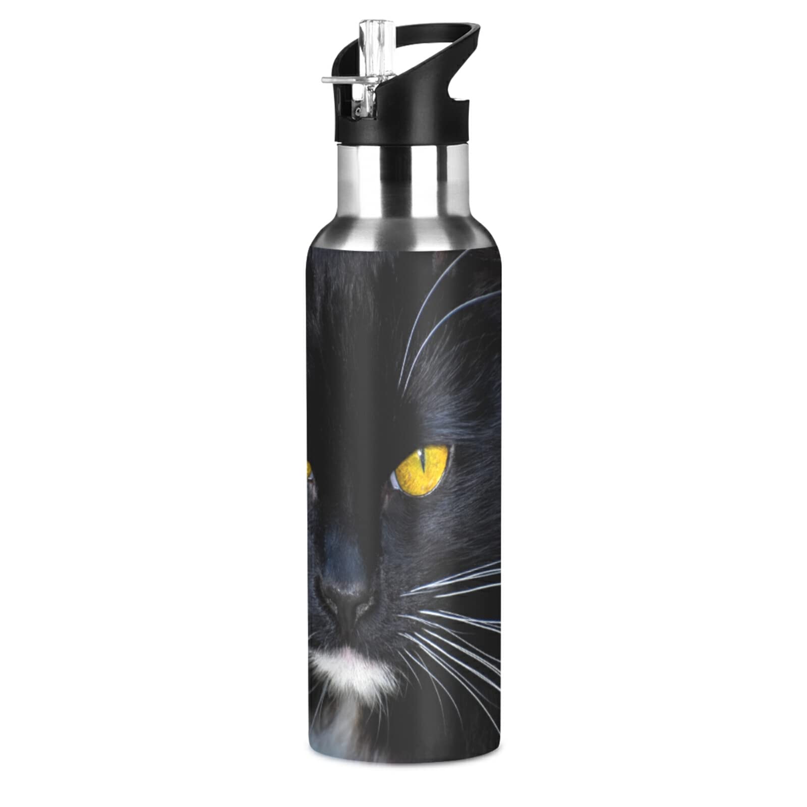 Mnsruu Edelstahl-Trinkflasche 600 Ml – Mit Schwarzem Katzenkopf-Design, BPA-frei, Doppelwandig Isoliert