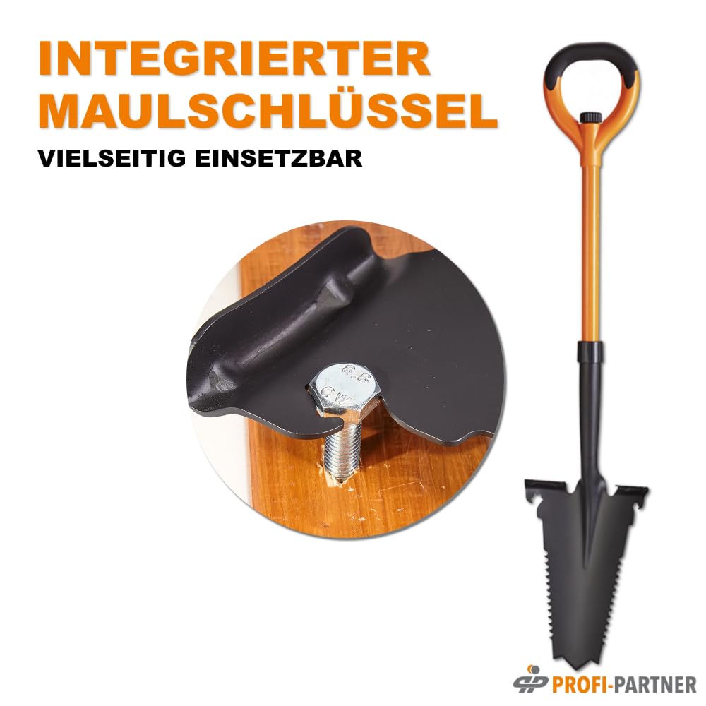 Spaten mit Wurzelsäge - Spitze aus Karbonstahl mit scharfen Zähnen, Griff aus Fieberglas, Integrierter Maulschlüssel & Flaschenöffner, 114 cm, Zerlegbar, Orange und Schwarz