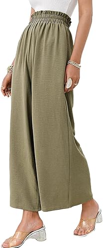 Miniatura 5 de Mtsebmves Pantalones palazzo de pierna ancha para mujer, elásticos, de cintura alta, holgados, palazzo, con bolsillos (verde, talla XL), Verde
