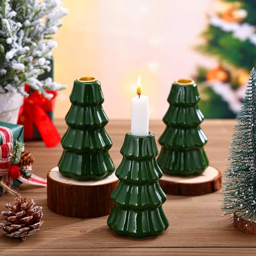 Mumufy 3 Pcs Ceramic Christmas Tree Candle Holder Decor Green Christmas Tree Tabletop Decoration Vintage Decorative Porcelain Taper Candlestick for Winter Holiday Farmhouse Fireplace Centerpiece Decor