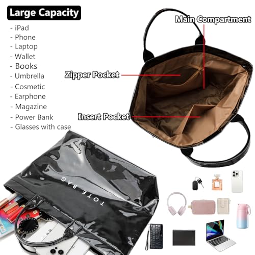Image of PVC Tote Bag Women's Letters Print Large Kraft Paper Carry All Bag Top Handle Clear Hobo Handbag - Black