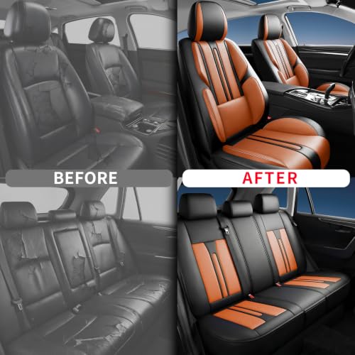 Image of Fit Terrain Car Seat Covers (5 Seats Full Set) Compatible with GMC Terrain 2010-2024 2025 2026 - Full Coverage Premium Breathable Leather,Airbag Compatible,Waterproof & All-Weather,Black-Brown