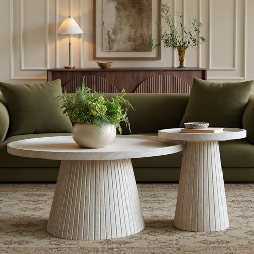 win2win Nesting Coffee Table Set of 2, Modern Faux Stone Coffee Table with Fluted Design, Travertine Round Tea Table and End Table Set, Minimalist Center Tables for Living Room, Office, Stone