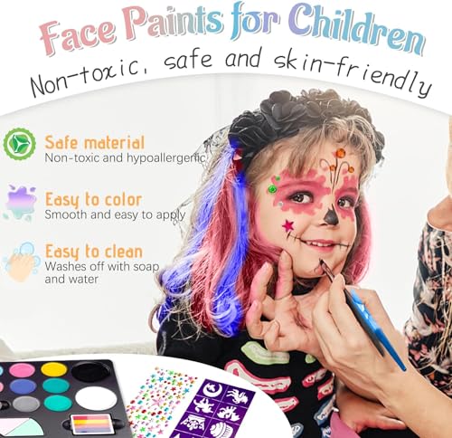 Image of BRAINLE Kids Face and Body Paint Kit: Water-Based, Non-Toxic, 20-Color Oil Palette with 3 Glitters, 2 Hair Chalk Combs, 2 Paint Brushes, 32 Stencils, Tattoo for Parties, Facepaint, Halloween Makeup