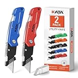 KATA Box Cutter, 2-Pack Tough Folding Utility Knife for Heavy Duty Purpose, Extra 10Pcs Razor Sharp Blades, Comfortable Handle, Gifts for Cutting Drywall, Sheet Plastic, Linoleum, Boxes, Carton, Rope