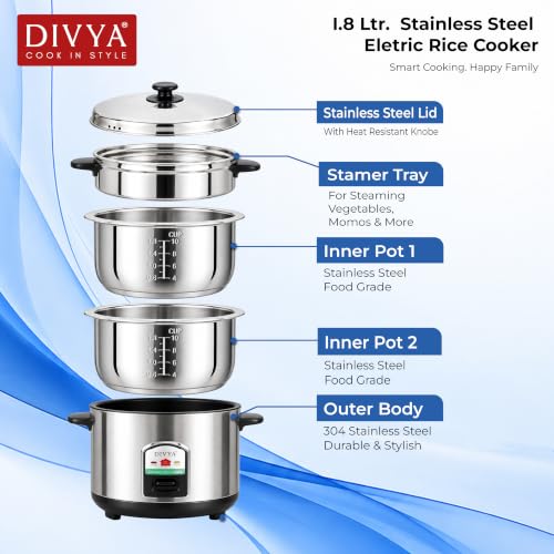 Buy DIVYA Double Pot 1.8 L 700W Stainless Steel Electric Rice Cooker | Double Inner Pot, Cook & Keep Warm, 304 SS Body, Steamer Tray Included, Made in India Online at Low Prices in India - Amazon.in - Image 3