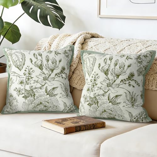 Joymaison Spring Tropical Leaves Cushion Covers 45 x 45 Pack of 2 Summer Floral Green Leaf Jacquard Square Throw Pillow Case Decorative Sofa Cushion with Invisible Zipper