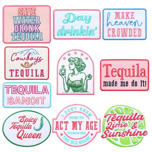 Lyrow 10 Pcs Funny Trucker Hat Patches Iron on Bulk Heat Press Hats Patch Embroidered Patches for Iron on Vintage Fun Bar Tequila for Drink Margs Day Women Drinking DIY Accessories