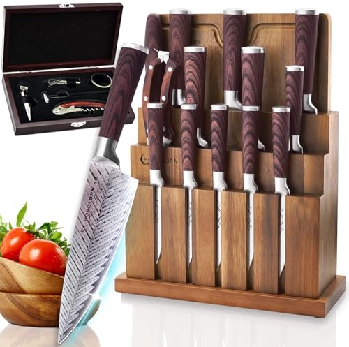 【Coltello da cucina multifunzionale】20 pezzi include 15 pezzi (coltello da chef da 20cm, taglia carne da 19cm, coltello da pane da 20 cm, coltello Sandook da 18 cm, coltello disossato da 16.5cm ​​, coltello per uso generale da 14cm, 5 pezzi di coltello da bistecca seghettato da 14cm, forbici da cucina,con 5 Pezzi per Vini Set.