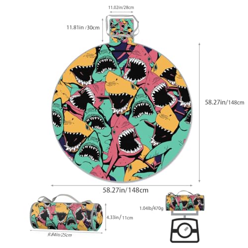 Shimoshe Abstract Art Colorful Shark Picnic Outdoor Blanket Foldable Waterproof Sandproof Beach Blanket Portable Water-Resistant Round Picnic Mat for Travel Camping Park Lawn