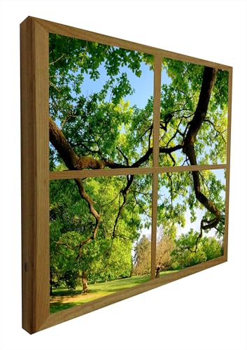 Cuadro de ventana falsa luminoso contra estancias oscuras con paisaje de pinos de 100x100 cm