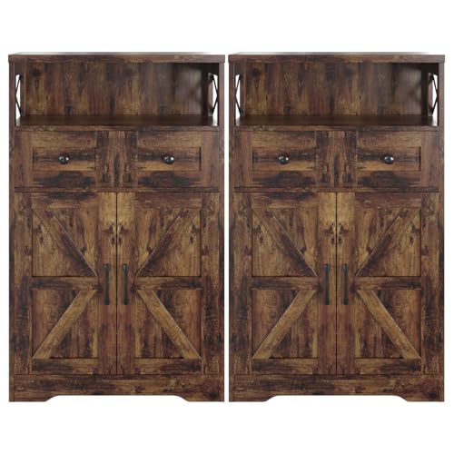 Befrases Set of 2 Farmhouse Storage Cabinet with Drawers and Shelves, Kitchen Pantry Storage Cabinet, Floor Hutch Cupboard for Dining Living Room Home Office, Rustic Brown
