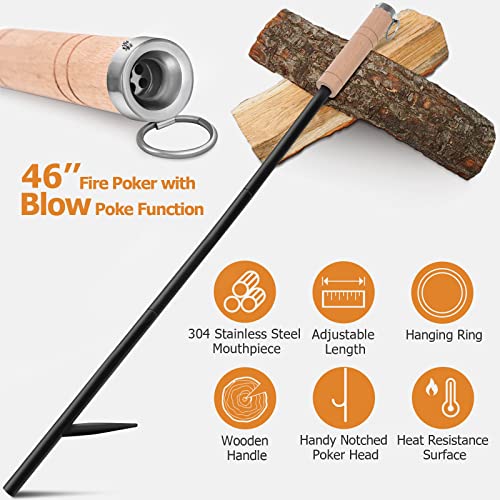 Rahtune 46 Inch Blow Poke, Extra Long Pit Commander Fire Tool, 3 Part Assembled Fire Stoker, Fire Poker Blower With Wooden Handle And Hanging Ring #TOP1