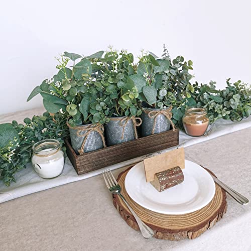 Set Of 3 Farmhouse Galvanized Metal Pots Centerpiece Artificial Silver Dollar Eucalyptus Greenery Arrangement With Rectangle Wood Box For Table Desk Shelf Mantel Home Kitchen Indoor Decoration Gifts #TOP3