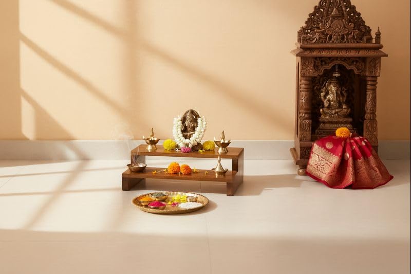 Image of Premium Wooden Pata Chowki for Pooja |2 Step Pata Chowki Decorative bajot for Sitting Pooja Temple Stool for Mandir| Handcrafted Wooden Bajot Chowki for Temple, Home & Decorative Use (Brown)