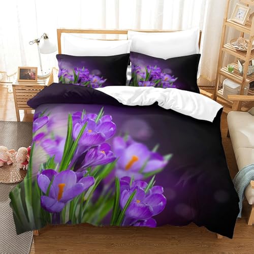 Housse de couette 140x200 fleurs de crocus lit simple ado microfibre respirante - 3