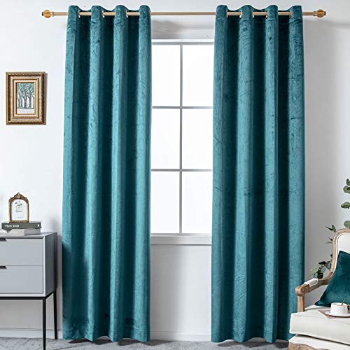 YIGUAN Velvet 100% Blackout Curtain Panels 84 inches Long-Thermal Insulated Grommet Solid Room Darking Window Drapes Noise Reducing for Bedroom/Living Room/Home (52'' X 84'',2 Panels,Peacock Green)