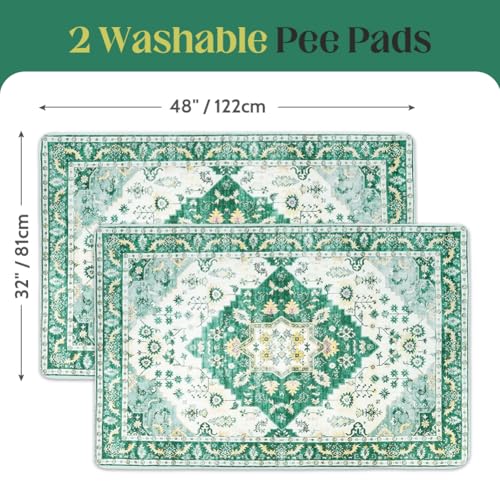 Image of Washable Pee Pads for Dogs, 2 Pack Reusable Puppy Training Pads 48 inchx32 inch Super Absorbent Waterproof Dog Training Pads, Non-Slip Potty Pads, Whelping Pads Litter Mat Green Medallion