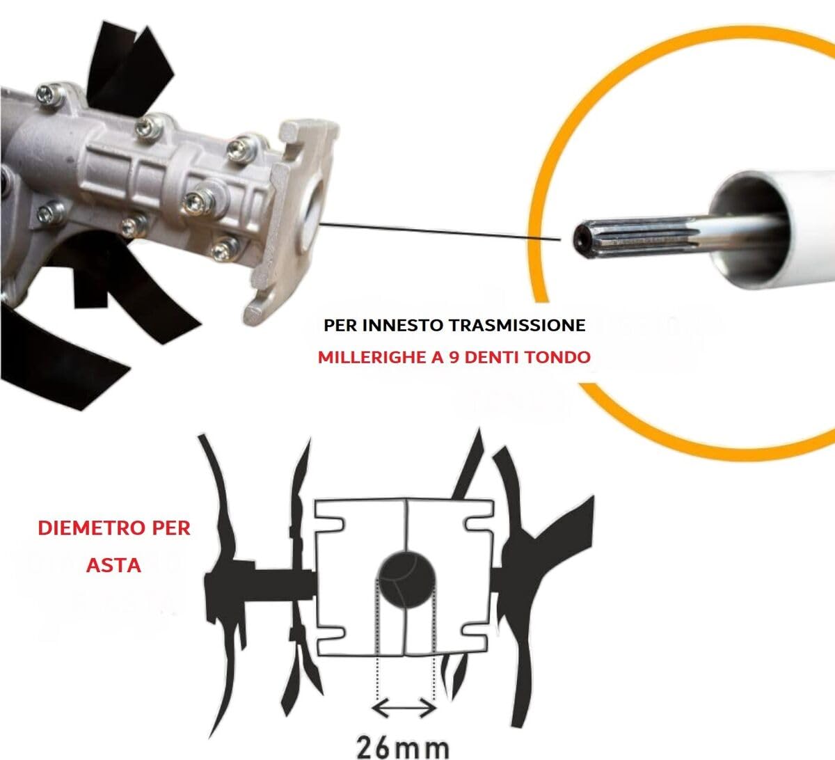 A.M.C. Gruppo Zappette per Decespugliatore Motozappa per Orto Fresa ingranaggio Zappe 9 Denti Tubo Ø26 mm Professionale