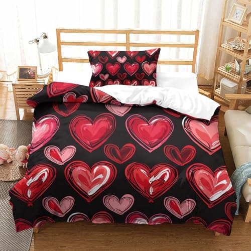 QazwYu Red Heart Sets De Housses De Couettes 3D,Imprimé Microfibre Parure De Lit 3 Pièces avec Fermeture Éclair Housse De Couette Et Taies d'oreiller...
