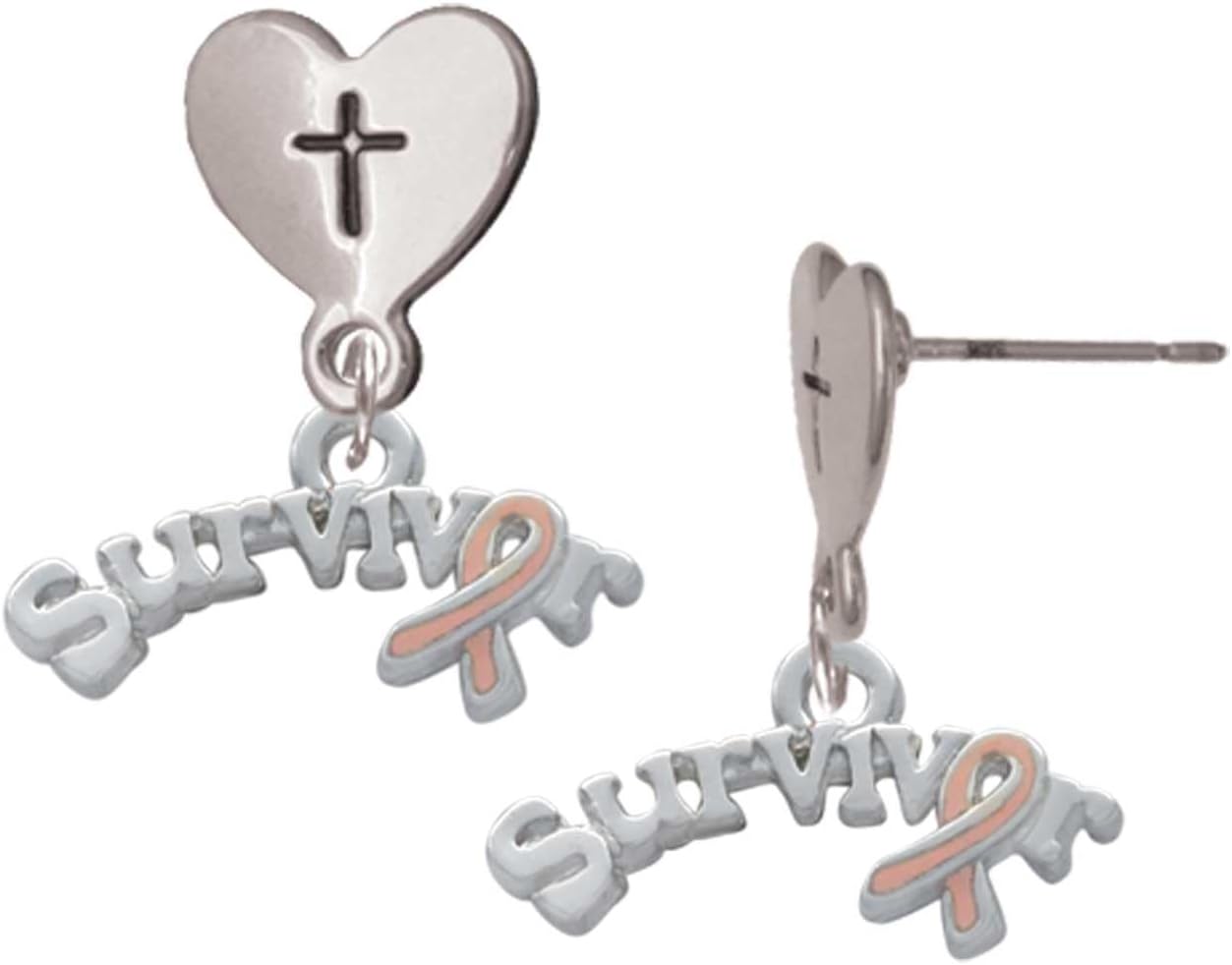 Delight Jewelry Silvertone Survivor with Pink Ribbon Cross in Heart Post Dangle Earrings