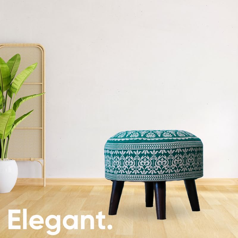 Image of Stool Ottoman Pouffes for Living Room, Kitchen, Home, Office Furniture with Soft Cotton Cushion Mudda Footrest Stool for Chair Sofa Bed Dressing Decor, Mandala Green (14 Inch Pack of 1)