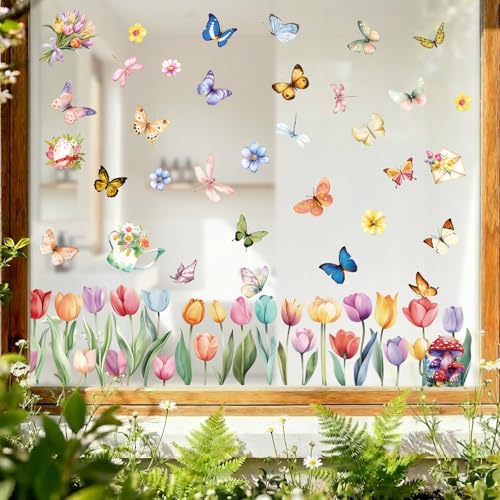 Image of 9 Sheets Spring Window Clings Decor, Tulip Floral Butterfly Window Stickers | Spring Decorations for Home, Office, Classroom, Glass Doors, Flower Decals for Summer, Easter, Indoor Party & Event Decor