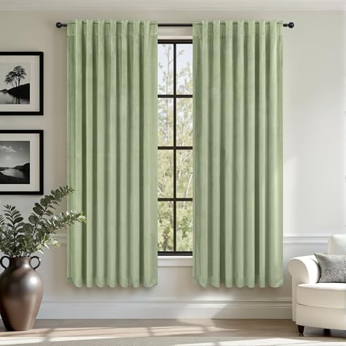 Image of Sage Green Back Tab Velvet Curtains 63 Inch Length for Boys Bedroom Girls Room Darkening Thermal Insulating Short Curtains for Kitchen Closet Movie Theater Rustic Vintage Decor Satin Silky 2 Panels