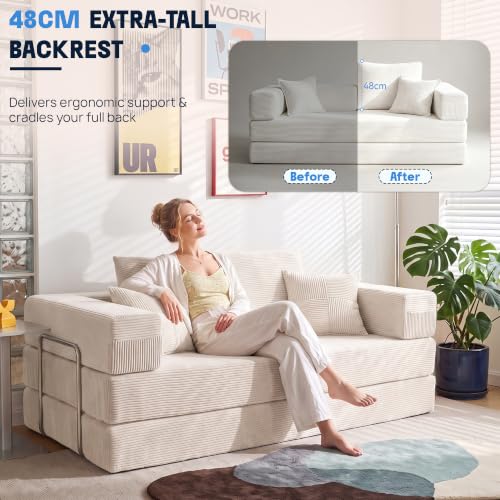 YINIX Folding Sofa Bed 160cm King Size, Convertible Modular Sofa, Corduroy Boneless Couch with Metal Frame, 2 Seater Floor Futon Mattress, Non Slip Base, Washable Cover - 6
