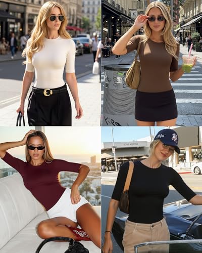 ALGALAROUND Damen Body Tshirt Rundhals Halbarm 1/2 Arm Langarmbody Shirt Langarm Oberteil Basic Top Damenshirt Damenbody Baumwolle Long Sleeve Bodysuit Shirts für Women 2025 Winter Herbst Schwarz M