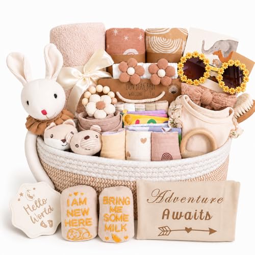 Image of Ultimate Baby Girl Gift Basket, Aesthetic Boho Chic Newborn Essentials, Premium All-in-One Baby Shower Gifts for Expecting Moms with Floral Skirt, Swaddle, Diaper Caddy Organizer