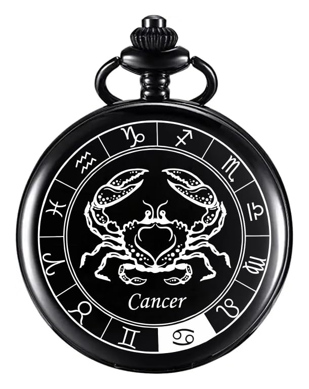 GT Gala Time Cancer Zodiac Sign Black Pocket Watch Bike Key Chain with Key Ring Men & Woman Gift Key Chain (Black Cancer)