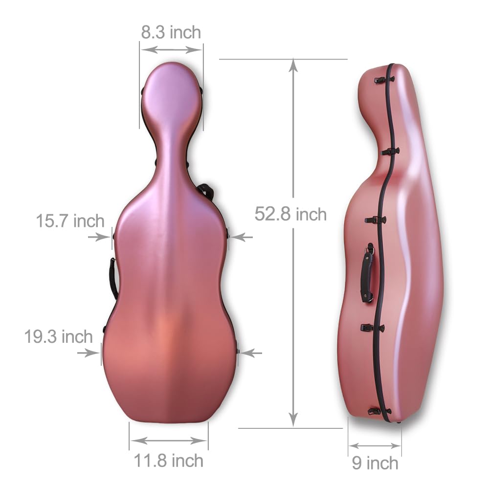 Yinfente Custodia per violoncello in fibra di carbonio 4/4, manico incorporato, ruota, cinturino posteriore, portatile, custodia rigida per violoncello, leggera, impermeabile, oro rosa