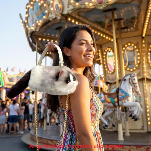Image of Realistic Puffy Plush Cat Shaped Crossbody Handbag for Women