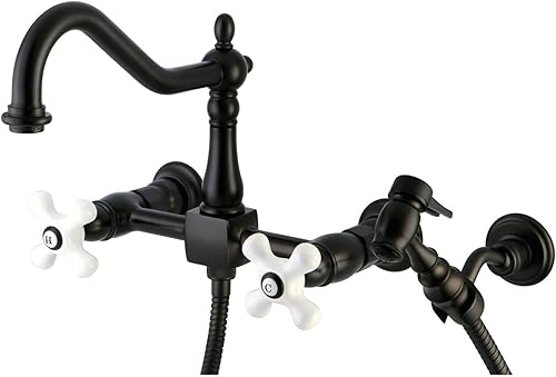 Elements of Design ES1245PXBS New Orleans - Grifo de cocina de montaje en pared central de 8 pulgadas con rociador de latón, 8 12 pulgadas, bronce