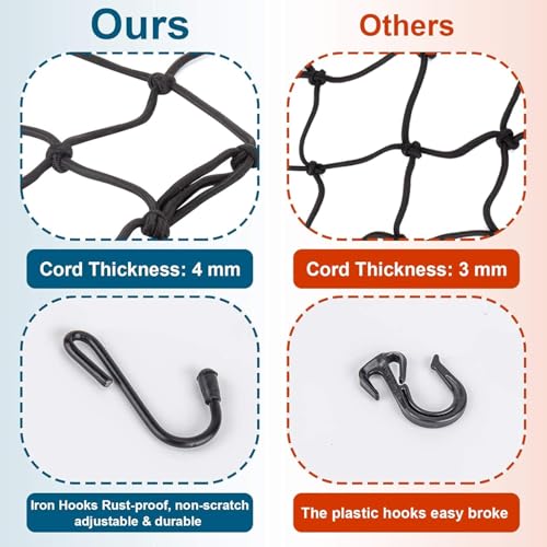 Image of Bike Cargo Net 15 inchx15 inch (Expands 30 inchx30 inch) | Elastic Bungee Net with 6 Hooks for Helmet, Seat & Luggage - Black, 1pc