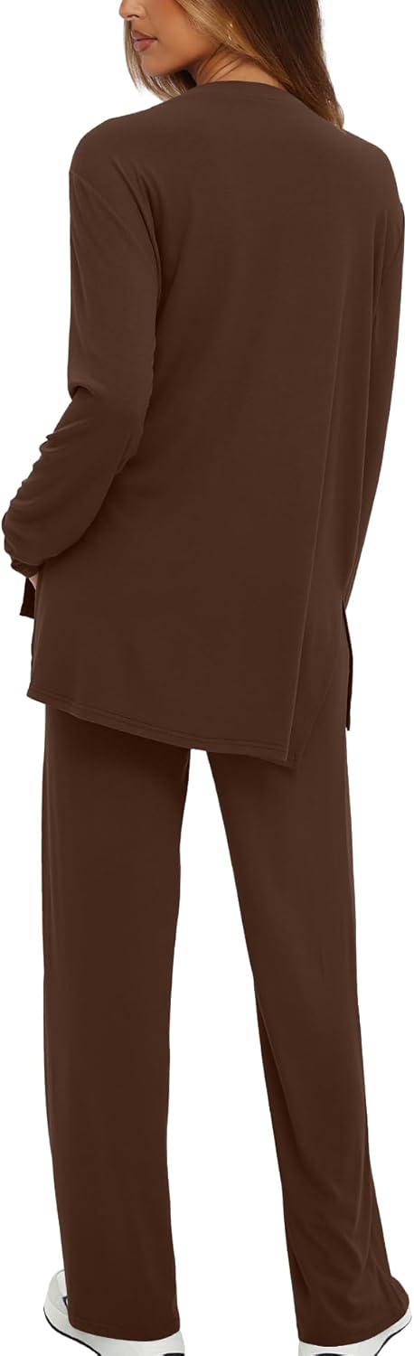 Darong Women's 2 Piece Lounge Set Casual Long Sleeve Crew Neck Tops Wide Leg Pants Travel Airport Outfit Matching Sets - Image 2