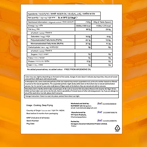Image of nutndiet Wood Pressed Niger Seed Oil (100% Cold Pressed (Kacchi Ghani) using Wooden Kolhu /Chekku) (Ramtil ka Tel | रामतिल का तेल | Huchellu Enne | ಹುಚ್ಚೆಳ್ಳು ಎಣ್ಣೆ) | PET Bottle (3L)