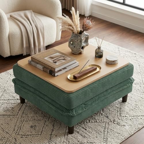 Image of Corduroy Storage Ottoman Coffee Table for Modular Sectional Couch, Corduroy Footrest Extension with Hidden Storage, Modern Soft Cushioned Stool for Living Room, Green